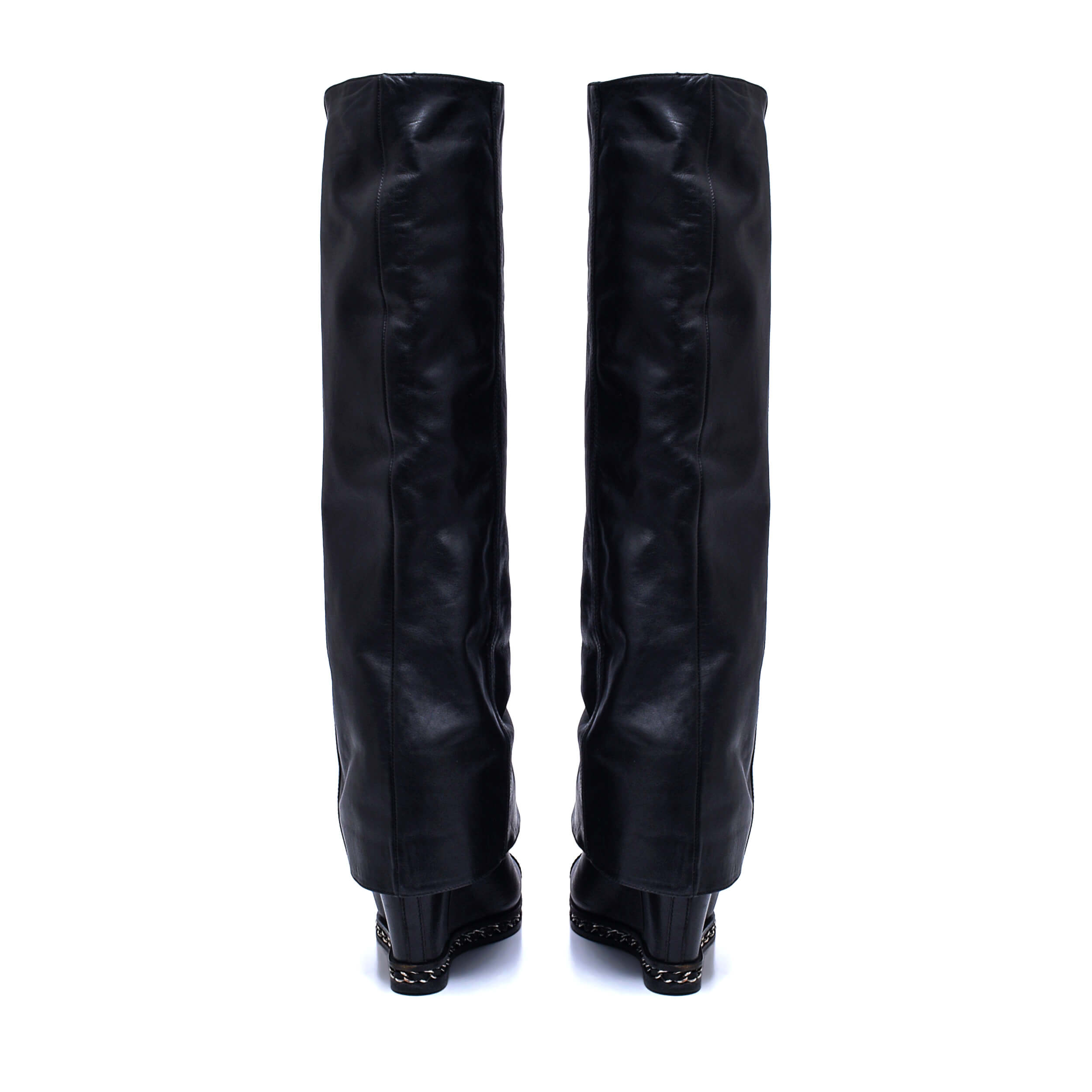 Chanel - Black Leather Chain Wedge Long Boots / 38